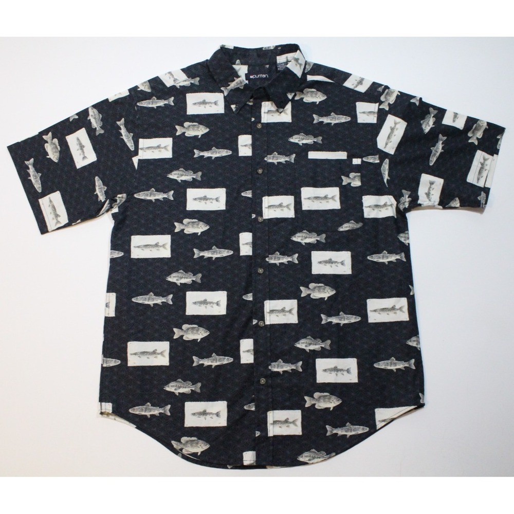 Puritan Cotton Hawaiian Shirt Sz L Blue Geometric Print with Freshwater Fish